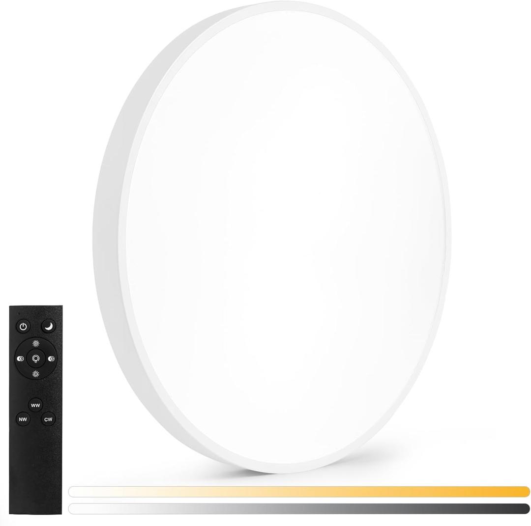 24 Inch LED Ceiling Light Fixture, Ultra Thin Flush Mount, Dimmable with Remote Control, 3000K-6500K Color Adjustable, 48W, 4800Lm, White, Round, for Kitchen, Bedroom, Living Room, Home Office