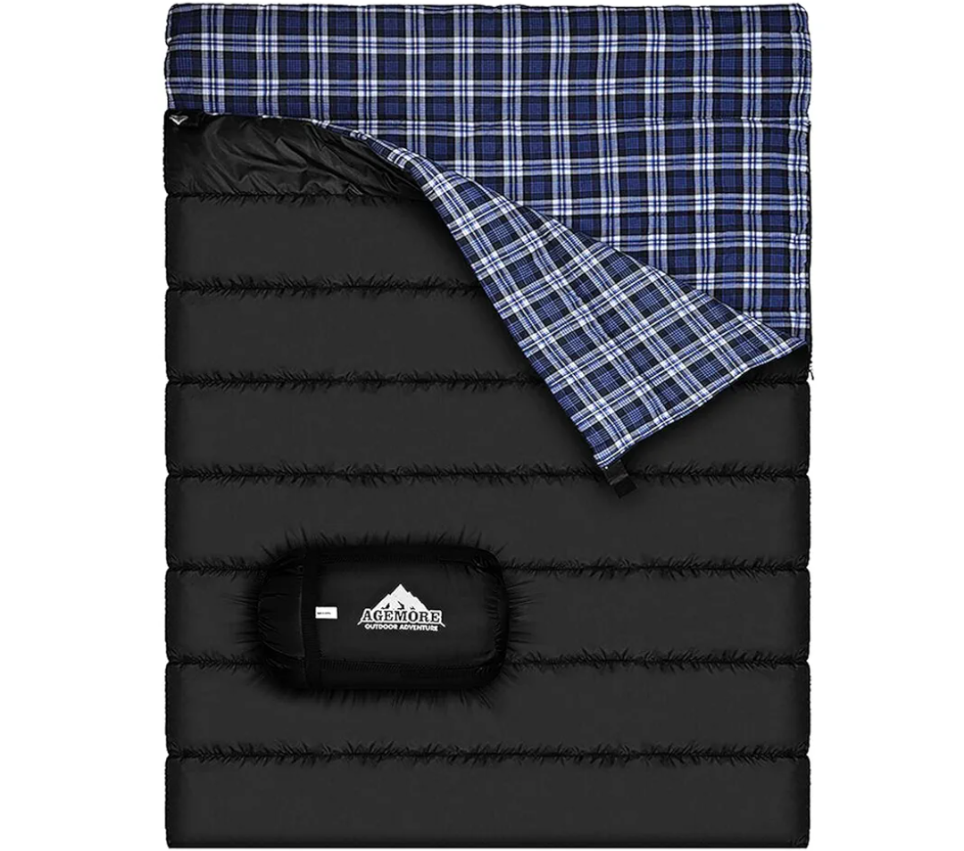 AGEMORE Cotton Flannel Double Sleeping Bag for Camping, Backpacking Or Hiking. Queen Size 2 Person Waterproof Sleeping Bag for Adults Or Teens. Lightweight with Compression Sack