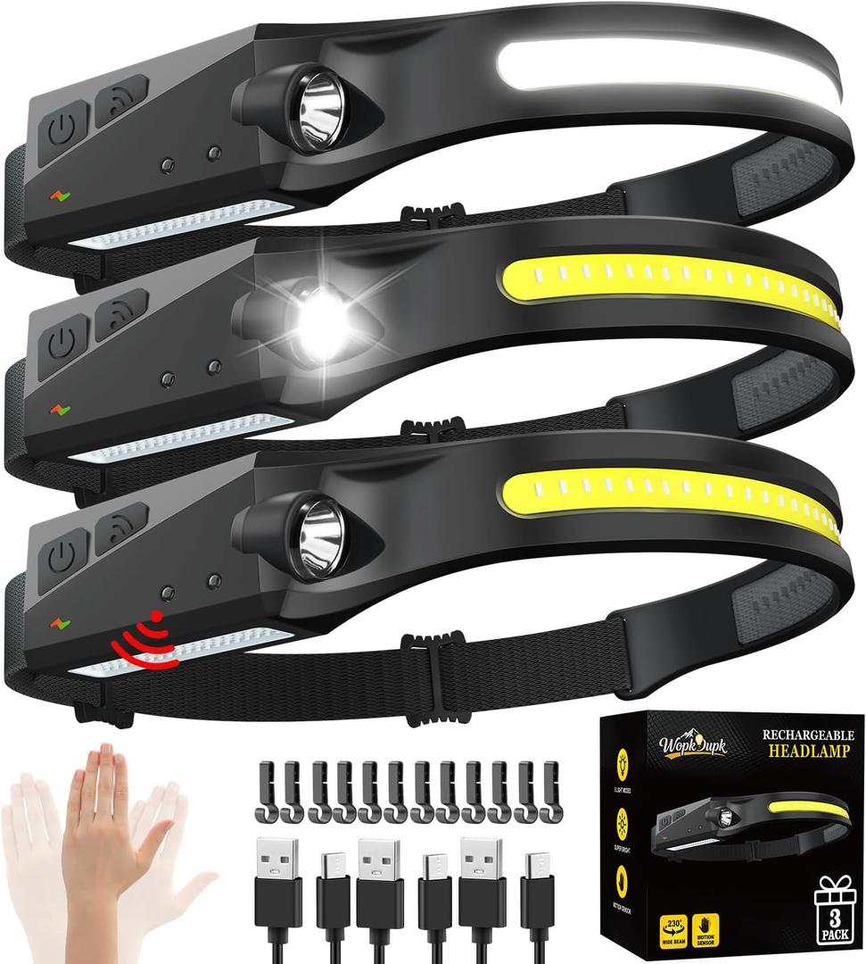 Rechargeable Headlamp 3PCS, 230 Wide Beam Head Lamp, Motion Sensor LED Headlamp Rechargeable, 5Mode Bright Headlamps for Adults, Head Lights for Forehead, Hard Hat Headlight, Camping Essentials Gear