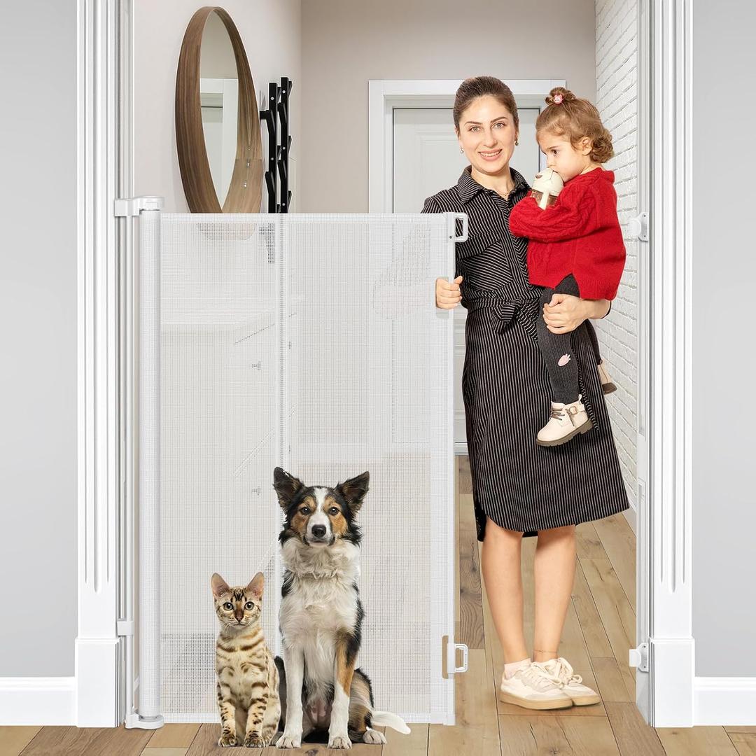 Reinforced 48" Extra Tall Baby Gate with Support Rods, 4 Ft Tall Retractable Gate for Dogs 55" Wide Pet Gates for Doorways Mesh Cat Gate - Prevent Baby/Pet from Jumping Over, White