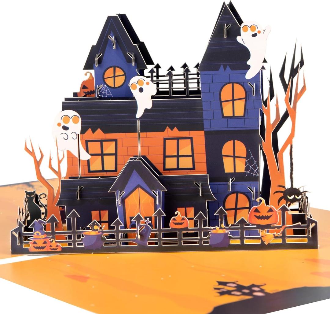 3 x Magic Ants Halloween 3D Pop-Up Card, Haunted House Design with Ghosts and Pumpkins, Spooky Greeting Card for Halloween Celebrations, Unique Handmade Halloween Card with Envelope