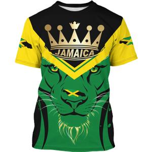 BJU Jamaica Flag T-Shirt Lion Tee Printed Crewneck Short Sleeve Casual Sports Top Unisex (Large)