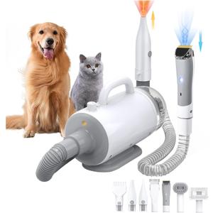 Dog Grooming Vacuum & Blow Dryer : 16000Pa Hair Suction, Dog Clipper, High Velocity Dog Blower with Heater, 8 Pet Grooming Vacuum kit, Gray