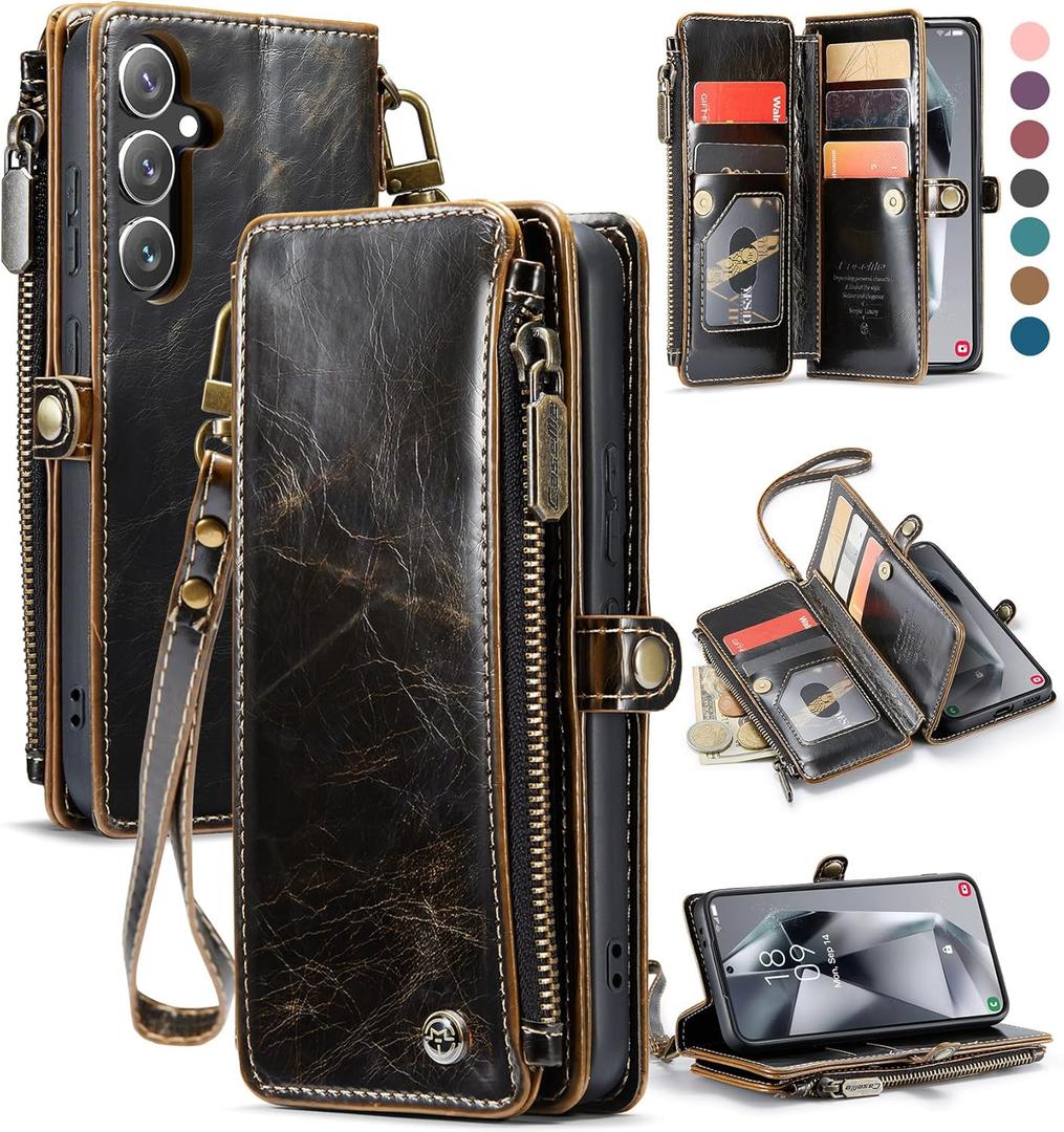Defencase Compatible with Samsung Galaxy S24 Case Wallet with RFID Blocking Card Holder for Women Men, Soft PU Leather Magnetic Snap Flip Zipper Strap Wallet Phone Case Fit for Galaxy S24 6.2", Coffee