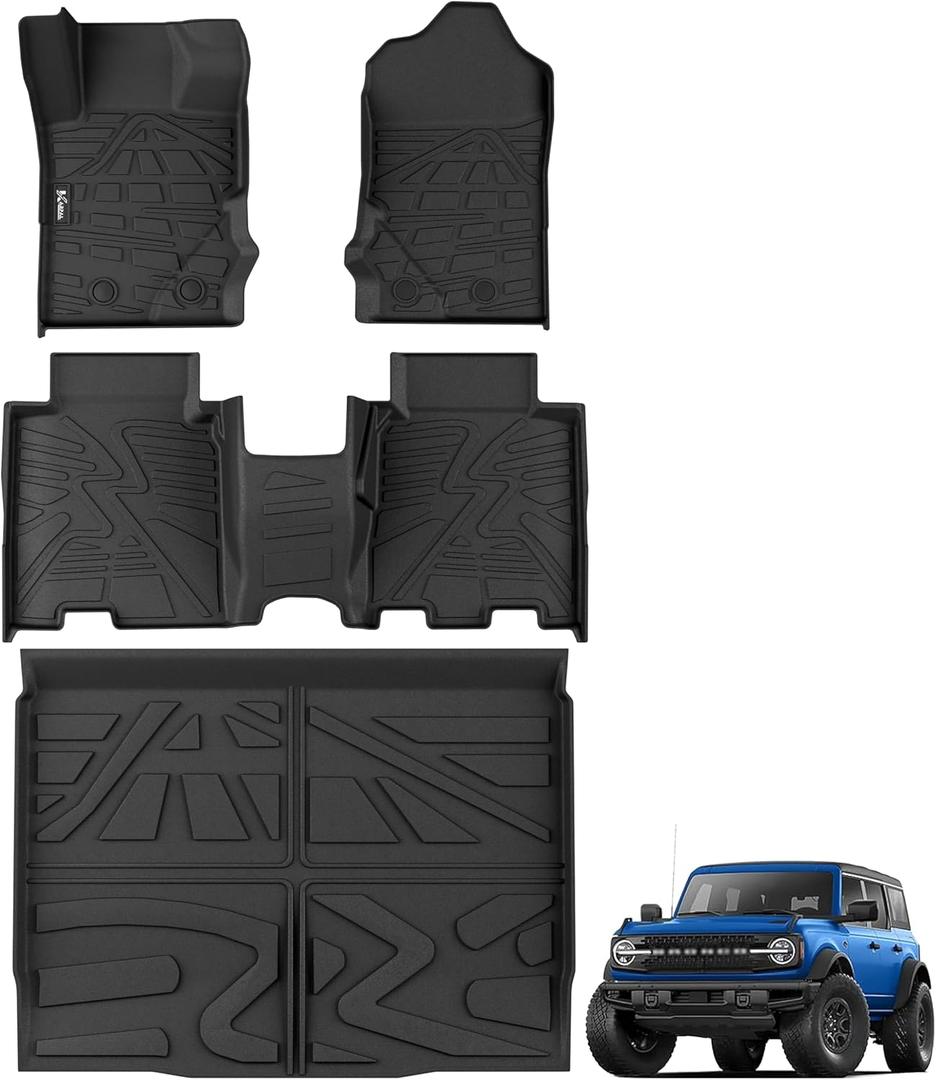 KARPAL Floor Mats for 2021-2026 Ford Bronco 4 Door (Not fit Sport & Rubberized Floor), All Weather TPE Protection Custom Fit Floor Liners, 1st & 2nd Row & Trunk Mat Ford Bronco Accessories Car Mats