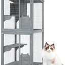 Garvee 4 Tier Cat Enclosure, 69 Inch Large Catio with Wooden Cabin, Weatherproof Roof, Lockable Caster, Solid Steel, Spacious for Multi-Cat Families, Outdoor and Indoor Use, Grey