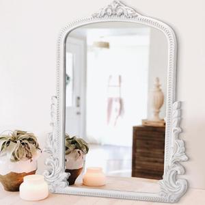 Antique Mirror for Wall Traditional Ornate Arched Baroque Mirror Vintage Wooden Hanging Arendahl Mirror Decorative for Bedroom Living Room Entryway Bathroom Fireplace Decor 20"x16" White