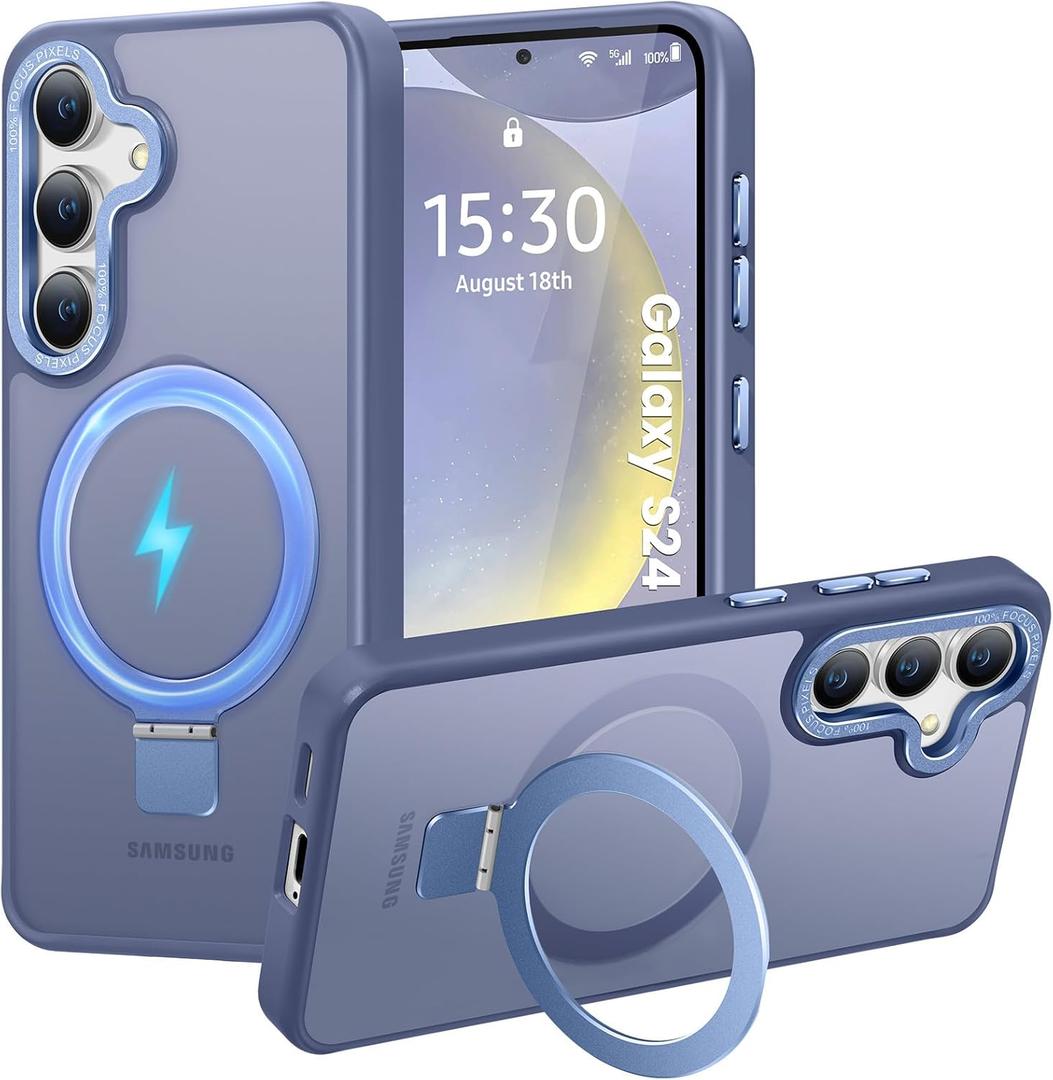 HuwaiH Magnetic Stand for Samsung Galaxy S24 Case, Military-Grade Protection, Anti-Fingerprint Anti-Scratch Translucent Matte Phone case for Samsung Galaxy S24(Light Blue)