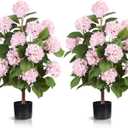 3FT Artificial Hydrangea Tree with Pink Flowers, 2 Pack Faux Silk Plant Fake Hydrangea Bush Flower Tree for Porch Patio Living Room Decor