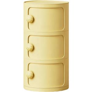 3 Tier Round Nightstand with Drawers, Plastic Yellow Nightstand Modern Round Bedside Table with Handles and Sliding Door for Bedroom, Living Room, 12.59 x 12.59 x 22.44 inches