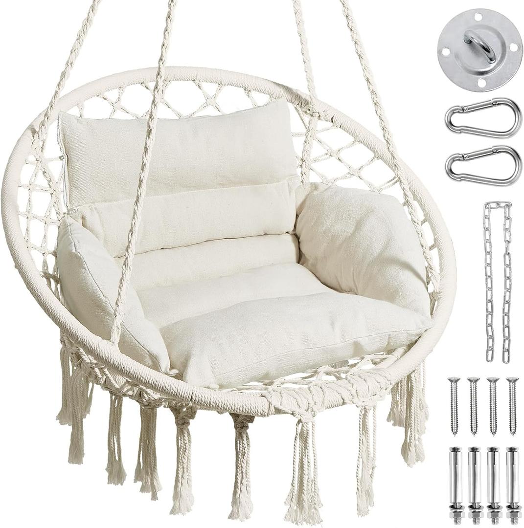 Greenstell Hammock Chair, Macrame Swing Chair with Comfy Cushion, Boho Hanging Chair for Outdoor & Indoor, Perfect for Bedroom, Patio, Balcony, Hold up to 330Lbs, Beige (Standard Size (24.0" x 27.6" x 48.0"), Beige)