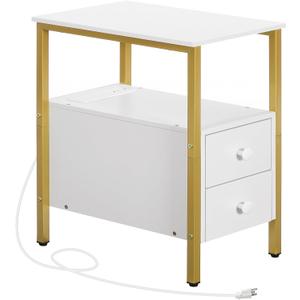 HOOBRO End Table with Charging Station, Narrow Side Table with 2 Drawer & USB Port & Power Outlets, Nightstand for Small Spaces, Stable and Sturdy, for Living Room, Bedroom, Gold and White DW541BZ01, 11.8L x 18.9W x 24H