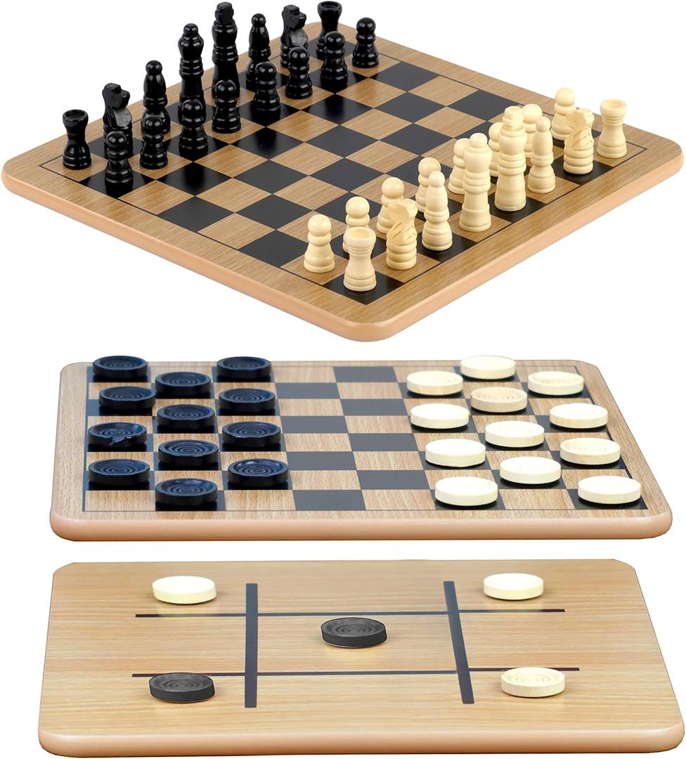 Regal Games - Reversible Wooden Board for Chess, Checkers & Tic-Tac-Toe - 24 Interlocking Wooden Checkers and 32 Standard Chess Pieces - for Age 8 to Adult for Family Fun (10,5 Inch - Reversible)