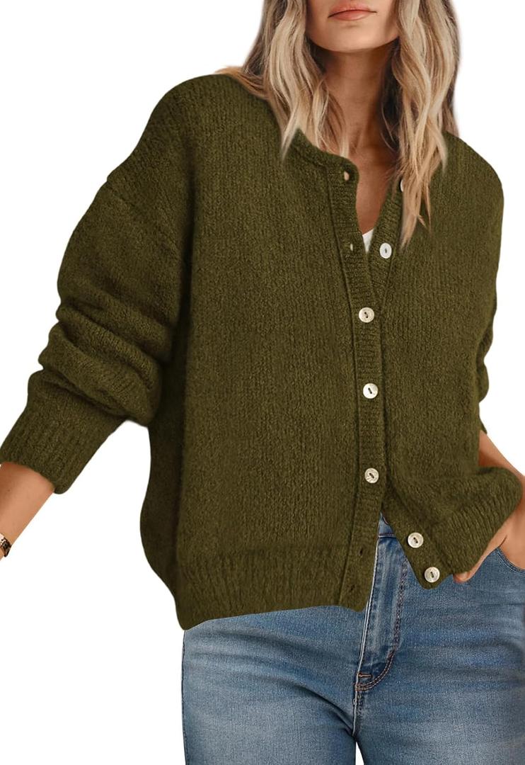 PRETTYGARDEN Long Sleeve Crewneck Button Down Womens Sweaters Spring Open Front Chunky Cardigan Sweaters for Women 2026 (Medium, Army Green)