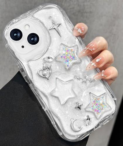 Toycamp for iPhone 13 Mini Case Cute - Women Girly Girls Glitter Phone Cover 13Mini Kawaii Sparkle Bling Shine Aesthetic Pretty Unique Wave Design Funda for Apple 13 Mini, Stars Y2K