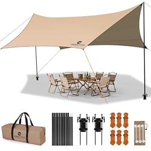 Camping Tarp with Poles & Retainer, 15x12.5FT Large Waterproof 210D Oxford Cloth Camping Canopy, Anti-UV UPF100+ Tent Tarp for Outdoor, Picnic, Car, Hammock, Backpacking (Khaki)