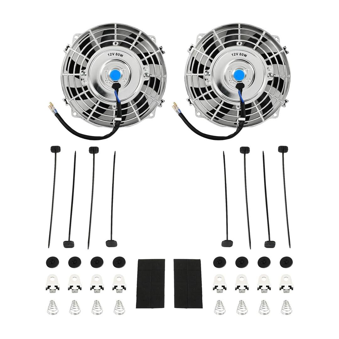 7'' Inch Chrome Universal Slim Fan Push Pull Electric Radiator 12V 80W High Performance Cooling Fan Mount Kit Set of 2