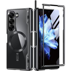 BERFY Upgraded Magnetic for Z Fold 6 Case with S Pen Holder, Compatible with Magsafe,[Built-in Screen Protector & Hinge Protection] Full-Body Plating Slim Phone Case for Samsung Galaxy Z Fold 6, Black