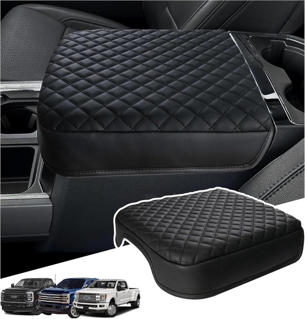 Sinminou Center Console Armrest Cover Compatible with 2023-2026 Ford F250 F350 F450 F550 Super Duty Accessories, PU Leather Armrest Cover Protector Only Fit Bucket Seat (All-Inclusive Plaid Texture)