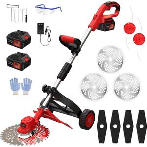 Cordless Weed Wacker, 9-inch Electric Weed Wacker Battery Powered with 2 Pcs 4.0Ah Batteries, 3 in 1 Wheeled Grass Lawn Trimmer/Brush Cutter,3 Types Blades Lightweight Edger Trimmer for Yard Care