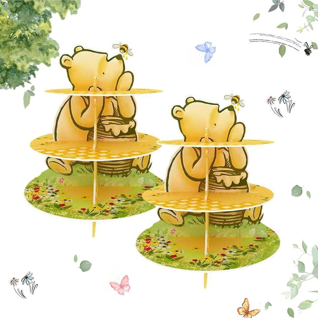 2PCS Winnie Dessert Holder, 3 Tier Classic Winnie Cupcake Stand for Kids Bear Cardboard Cake Stand Winnie Baby Shower Decorations Winnie Theme Party Supplies Vintage Bear Birthday Party Dessert Holder