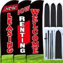 Buryeah 3 Set Feather Flag Kit Now Leasing Now Renting Welcome Swooper Flag with Pole Ground Stake and Bag 7 ft Leasing Sign for Advertising Renting Welcome Banner for Outside Ground (Black)