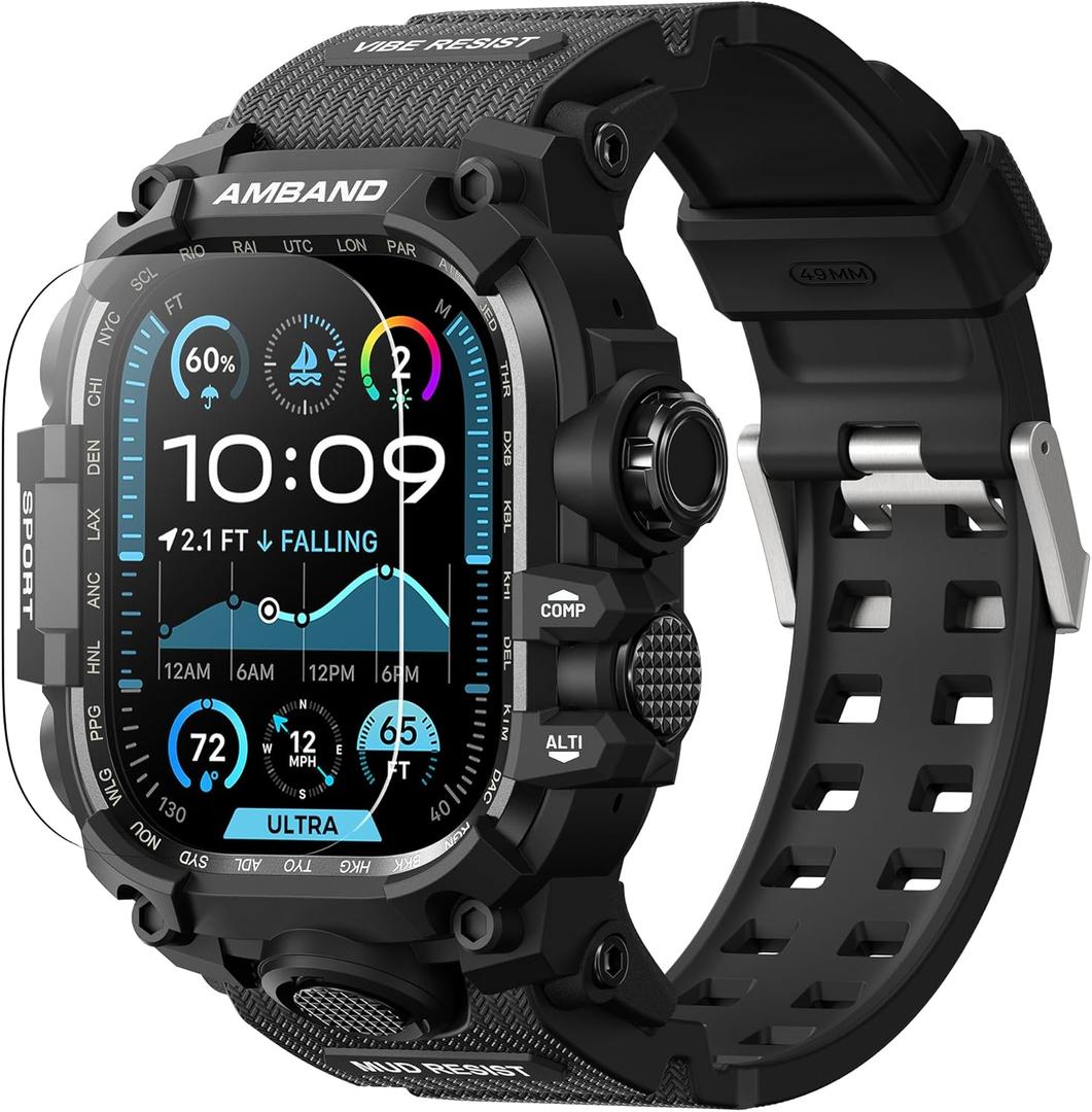 AmBand Rugged Case with Band for Apple Watch Ultra 3/2/1 49mm, M3 Military Grade Shockproof Cover, Includes Screen Protector Kit, Tactical Band for Men - Compatible with iWatch Ultra, Matte Black