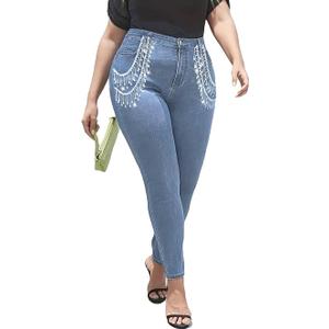 Cyparel Women's Butt Lifting Skinny Jeans High Waisted Rhinestone Fringe Trim Denim Pants, Size XL