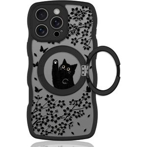 Wavy Case for iPhone 16 Pro Case with Stand [Compatible with MagSafe] Cute Black Cat & Floral & Butterflies Pattern Design, Kawaii 360 Magnetic Ring Kickstand Phone Cover for Women Girls