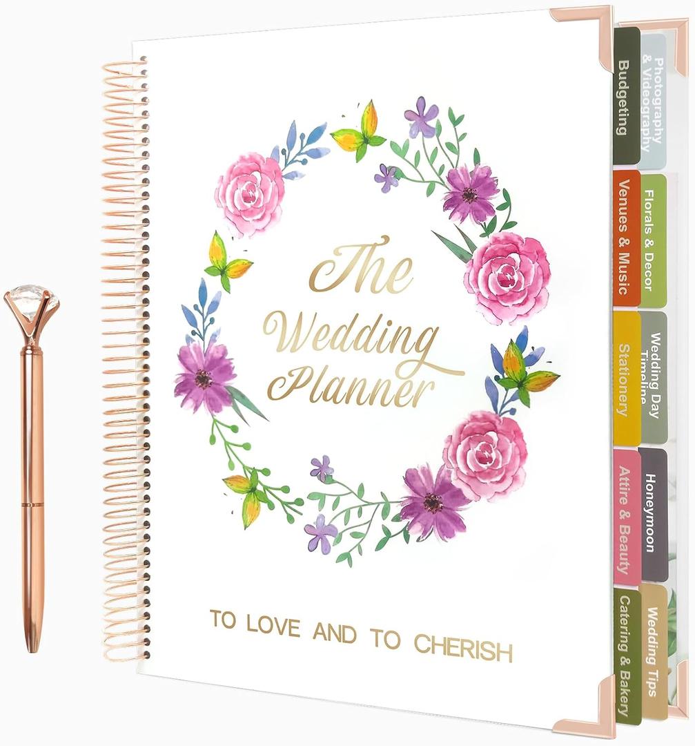 Wedding Planner Book and Organizer-176 Pages Wedding Planning Book,Bridal Planning Binder with Sticker Checklists,Gemstone pen & Budget Tracker,Wedding planner for Bride,Unique Engagement Gift