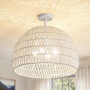 4-Light Rattan Ceiling Light, 20" Semi Flush Mount Boho Light Fixture with Hand-Woven Shade, Farmhouse Chandelier Wicker Fixture for Kitchen Bedroom Living Room Hallway