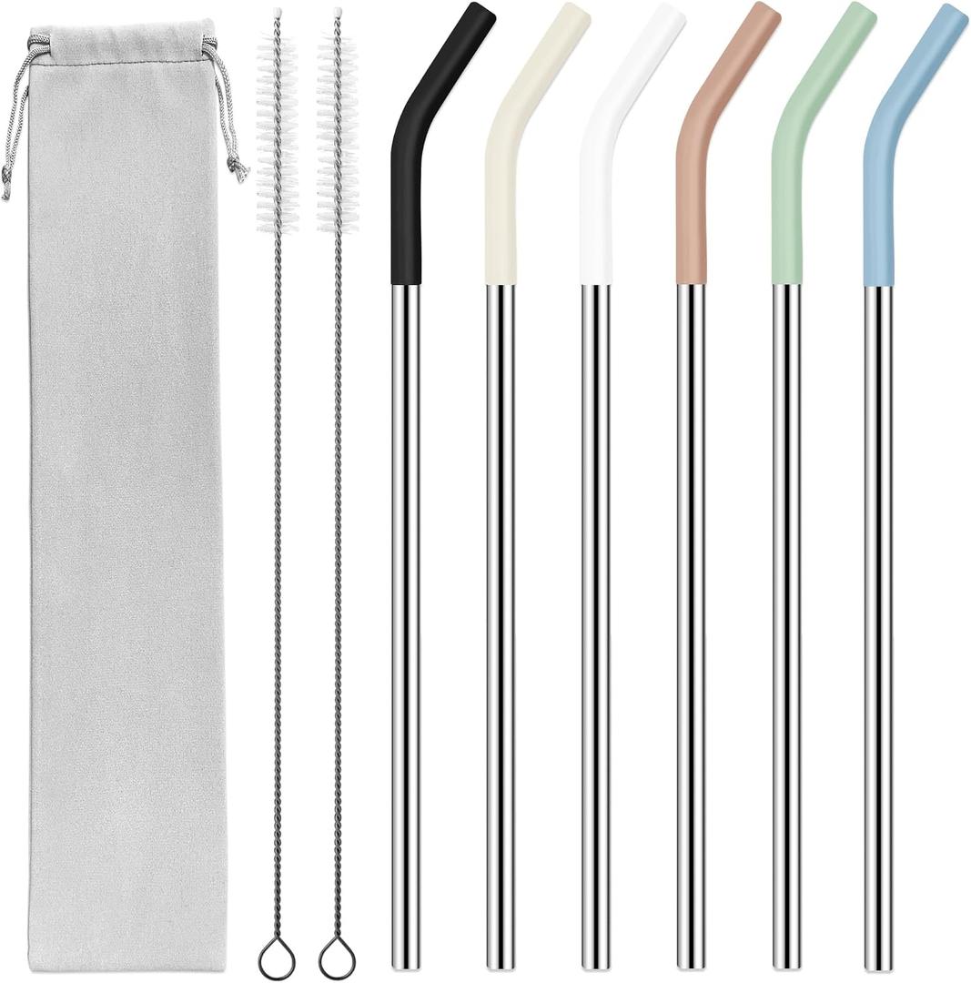 20 oz Stainless Metal Straws for 20 oz Stanley Tumbler, 6Pcs Reusable Straight Long Steel Straws with 12 Silicone Tips and 2 Straw Cleaning Brushes (6Color1, 20oz)