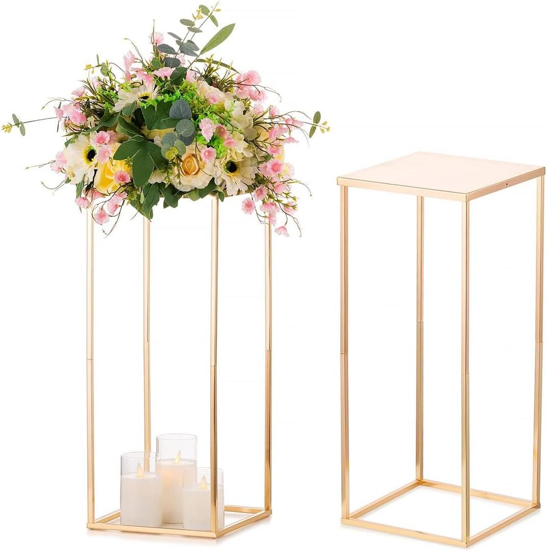 Sziqiqi Wedding Centerpieces Vase For Tables With Plates - 2 Pcs Metal Column Geometric Flower Stand 23.6in Gold Flower Display Rack Decorations For T-Stage Reception Party Fiesta Event Home Christmas