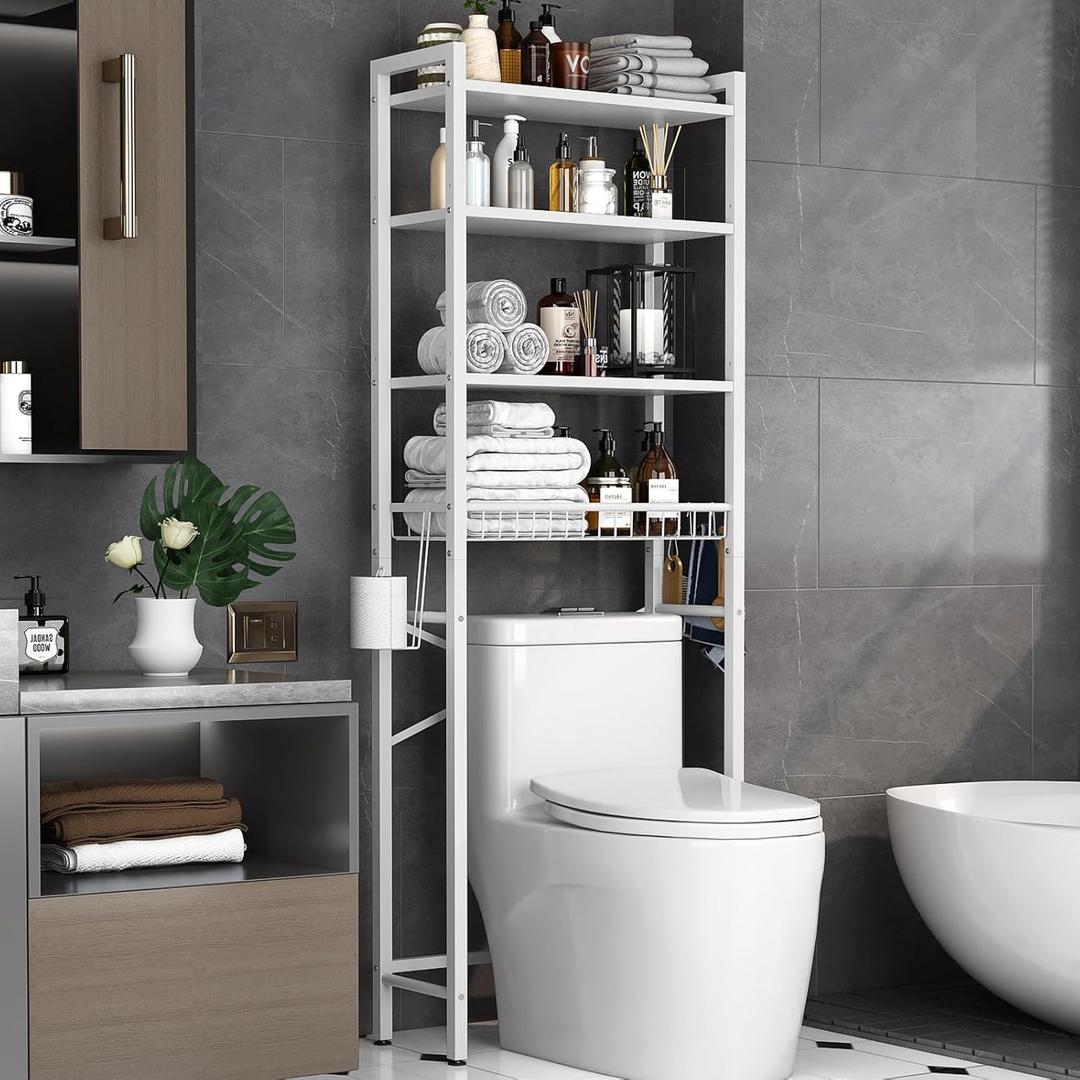 Over-The-Toilet Storage Rack, 4-Tier Bathroom Organizer Shelf Over Toilet with Adjustable Shelf and Basket, Freestanding Space Saver Bathroom Shelves Above Toilet for Room (Pure White)