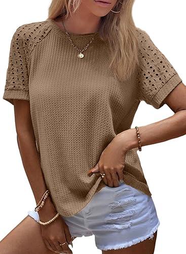 SHEWIN Women's Waffle Knit Tops Casual Crew Neck Hollow Out Raglan Short Sleeve Summer T-Shirts Blouses Smoke Gray S