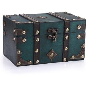 ELLDOO Vintage Treasure Chest, Pirate Keepsakes Box for Gifts, Wooden Storage Box, Green Decorative Container for Jewelry, Pearl Trinkets, Tarot Cards, Small