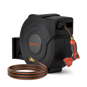 NEOTEC Retractable Garden Hose Reel 1/2 inch x 100ft - Wall Mounted Heavy Duty Hose Reel with 3/4 Inch Brass Fittings & 9-Pattern Nozzle - Auto Rewind System, Any Length Lock, 180° Swivel Bracket