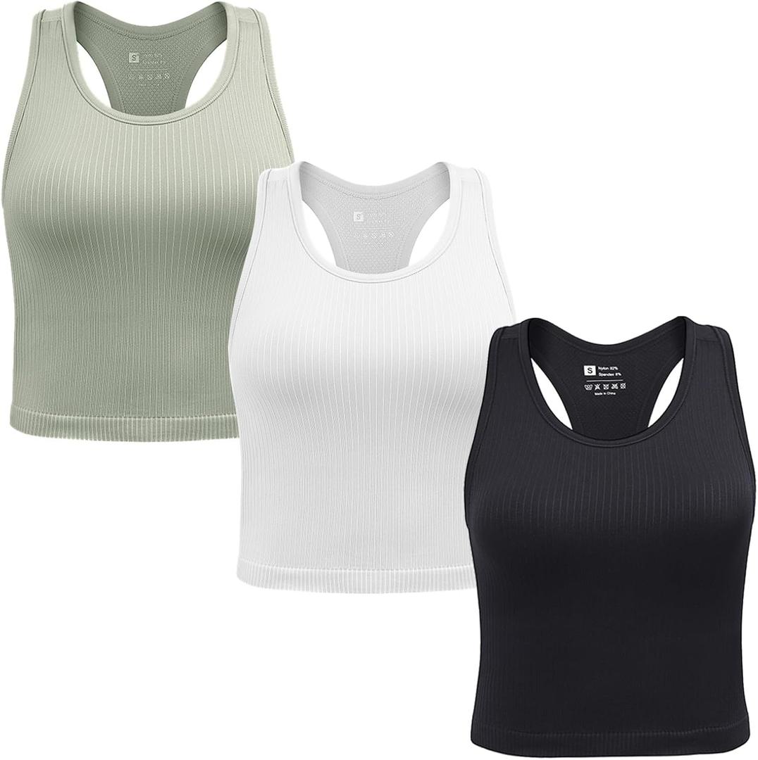 3 Packs Ribbed Racerback Tanks with Built in Bra for Women -Womens Seamless Crop Tops Camisole Sport Bra (Medium, Black+white+grey 3packs)