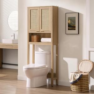 SICOTAS Over The Toilet Storage Cabinet with Rattan Door, Freestanding Bathroom Organizer with Adjustable Shelf, Space Saver Cabinet for Bathroom, Laundry Room, Restroom