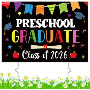 Preschool Grad Yard Sign Class of 2026 Kindergarten Graduate Lawn Sign with Stake School Congrats Graduation Decorations Colorful Graduation Party Favors Supplies Outdoor Photo Booth Props for Kids