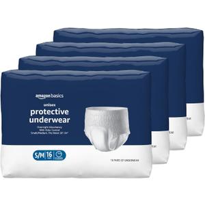 Amazon Basics Unisex Protective Underwear, Overnight Absorbency, Small/Medium, 64 Count, (4 Packs of 16)