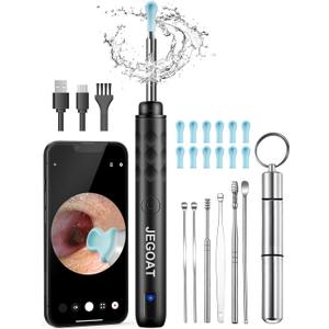 Jegoat Ear Wax Removal, Ear Wax Removal Tool Camera with 1296P HD Camera and 6 LED Lights, Ear Cleaner with 12 Ear Pick, Upgraded Ear Wax Removal Kit for iOS and Android, Black