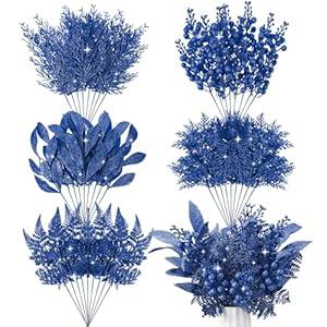 Moucuny 75 Pcs Christmas Glitter Picks Artificial Christmas Tree Picks and Sprays for Tree 5 Styles Berries Stems Cedar Bay Leaves Fern Pine Branches for Vase Fillers Wreath Garland (Blue)