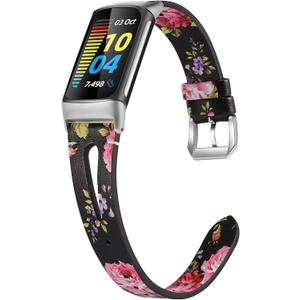 Wearlizer Compatible with Fitbit Charge 6 Bands/Charge 5 Bands for Women Men, Slim Leather Band Thin Watch Replacement Strap Wristband Accessories for Charge 5 6 Band, Pink Floral