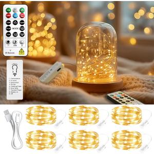 ZSJWL 6 Pack Rechargeable Fairy Lights with Remote & DIY Timer, 7Ft 20LED Mini Battery String Light, Twinkle Silver Copper Wire Lights for Wedding Party Bedroom Christmas Table Decoration(Warm White)