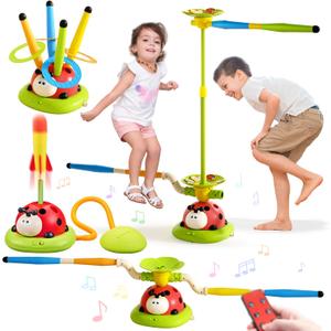 5 in 1 Musical Jump Toys, Toss Ring Game Stomping Launch Rocket Launcher for Kids, Obstacle Avoidance & Jump Squating Toy Games Remote Control Outdoor & Indoor Toys for Ages 4-8 8-13