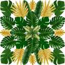 Tropical Party Decorations, 50 Pieces 7 Kinds Artificial Palm Leaves Green and Gold Tropical Monstera Leaves with Stems for Hawaiian Luau Party Jungle Beach Table Leave Decorations