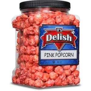 Gourmet Pink Strawberry Colored Popcorn by It's Delish, 16 Oz Jumbo Container | Bulk Colorful Popcorn Snack - Fruity Flavored Air Popped Corn Fun Confetti Gluten Free, Vegan, Kosher, 1 Count (EXP 06/17/28)