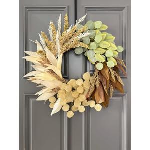 24" Fall Wreath for Front Door, Handcrafted with Faux Eucalyptus Wheat Corn Husk, Fall Decor for Home Front Door Wall Window, Farmhouse Autumn Harvest Wreath 24" Fall Wreath for Front Door, Handcrafted with Faux Eucalyptus Wheat Corn Husk, Fall Decor for Home Front Door Wall Window, Farmhouse Autumn Harvest Wreath