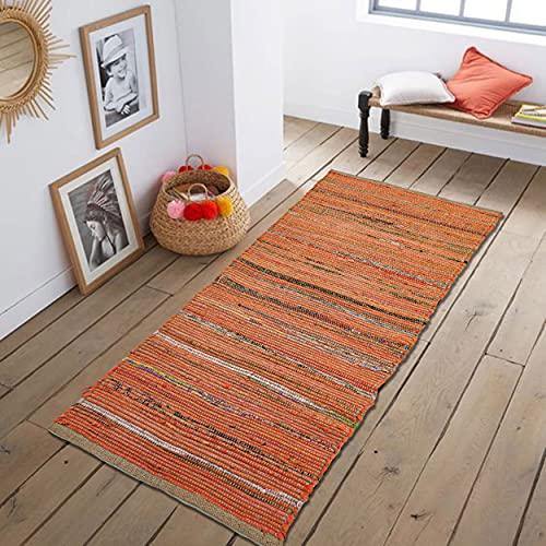 Chardin home Jute and Rust Cotton Runner Rug – 2x5 Ft Handwoven Reversible Rug – Boho Farmhouse Hallway or Entryway Accent – Rustic Country Decor in Orange and Natural Jute